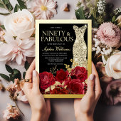 Invitation En Aluminium Gold Dress, Red Roses Ninety 90th Birthday Gold
