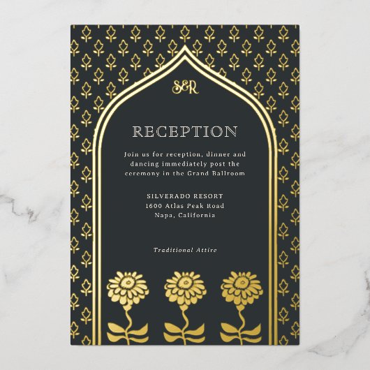 Invitation En Aluminium Gold Floral Marigold Réception de mariage indien (Recto)