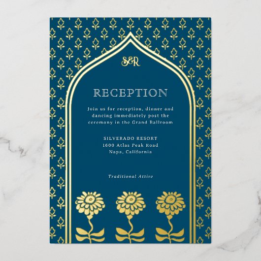 Invitation En Aluminium Gold Floral Marigold Réception de mariage indien (Recto)
