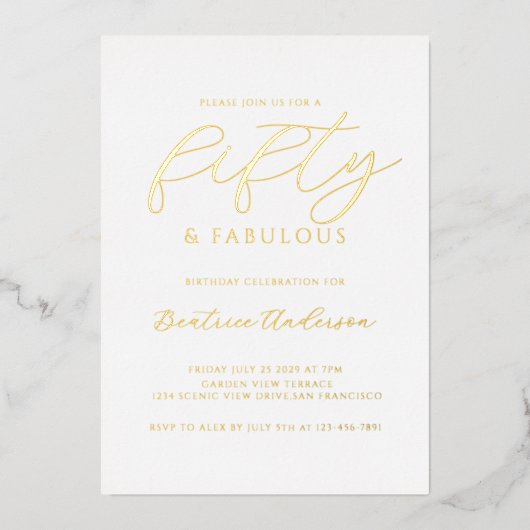 Invitation En Aluminium Gold Foil 50 and Fabulous (Recto)