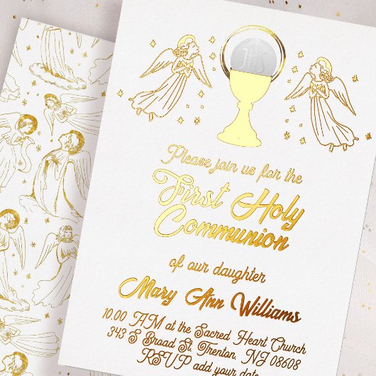 Invitation En Aluminium  gold foil angels catholic Host First Communion