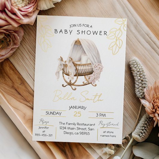 Invitation En Aluminium Gold Foil Baby Shower Elegant Script Cradle