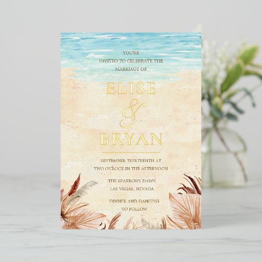 Invitation En Aluminium Gold Foil Beach Boho Bohemian Beach Wedding (Debout devant)