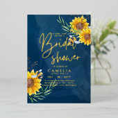 Invitation En Aluminium GOLD FOIL Blue Sunflowers FÊTE DES MARIÉES QR Code (Debout devant)