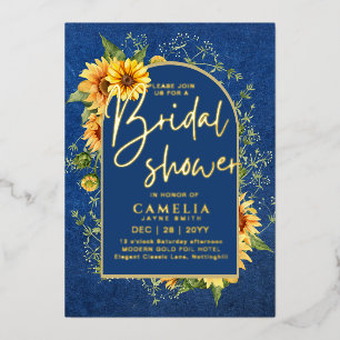 Invitation En Aluminium GOLD FOIL Blue Sunflowers FÊTE DES MARIÉES QR Code