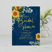 Invitation En Aluminium GOLD FOIL Blue Sunflowers FÊTE DES MARIÉES QR Code (Debout devant)