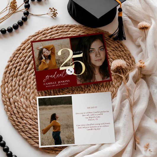 Invitation En Aluminium Gold Foil Burgundy Graduation Class 2025 Party