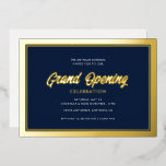 Invitation En Aluminium Gold Foil Calligraphie Blue Grand Ouverture<br><div class="desc">Cette élégante invitation Grand Ouverture présente un design accentué par un script en feuille d'or et une bordure en feuille d'or sur un arrière - plan bleu foncé.</div>