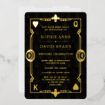 Invitation En Aluminium GOLD FOIL Casino Nuit Las Vegas Poker Mariage<br><div class="desc">Unique Casino Royale, VRAI OR FOIL conception de carte. Il affiche un style art déco vintage, une forme hollywoodienne des années 20 avec un faux film d'or Fleur-de-lis, sur un arrière - plan motif Art déco noir doré. Des termes spéciaux sont utilisés comme dans le jeu de poker. Sur le...</div>