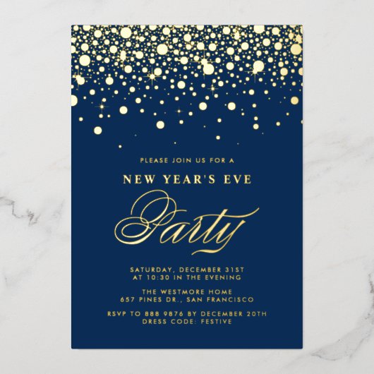 Invitation En Aluminium Gold Foil Confetti Dots Blue New Year's Eve Party (Recto)