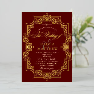 Invitation En Aluminium Gold Foil Elegance Burgundy Photo Mariage