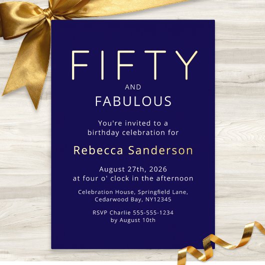 Invitation En Aluminium Gold Foil Fifty and Fabulous 50th Birthday Party
