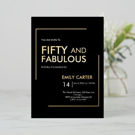 Invitation En Aluminium Gold Foil Fifty and Fabulous 50th Birthday Party (Debout devant)