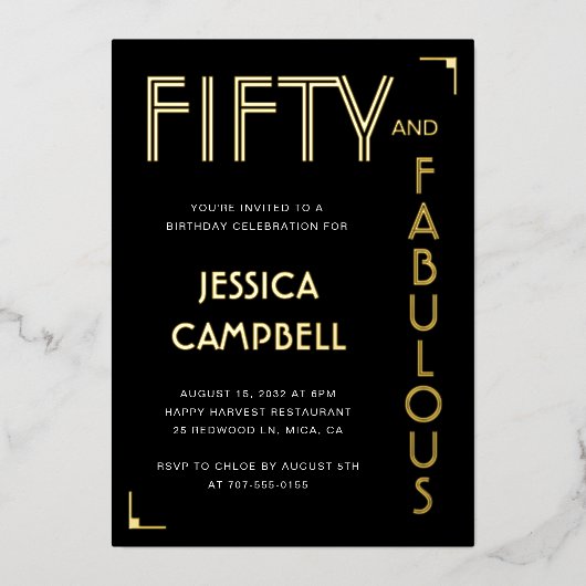 Invitation En Aluminium Gold Foil Fifty and Fabulous 50th Birthday Party (Recto)