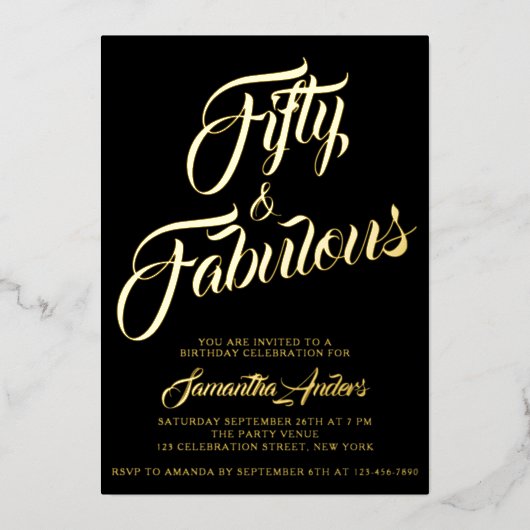 Invitation En Aluminium Gold Foil Fifty and Fabulous Script 50th Birthday  (Recto)