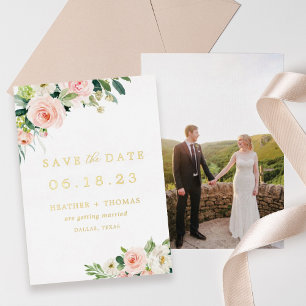 Invitation En Aluminium Gold Foil Floral Photo Enregistrer la date