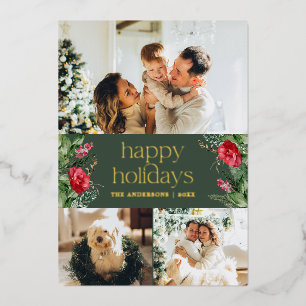 Invitation En Aluminium Gold Foil Forest Green Botanical 3 Photo Holiday