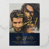 Invitation En Aluminium Gold Foil Galaxy Navy Enregistrer La Date QR Code (Recto)