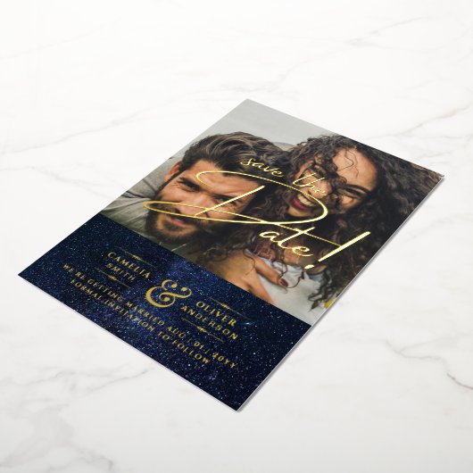 Invitation En Aluminium Gold Foil Galaxy Navy Enregistrer La Date QR Code (Rotation)