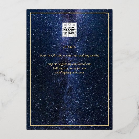 Invitation En Aluminium Gold Foil Galaxy Navy Enregistrer La Date QR Code (Verso)