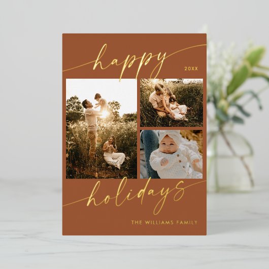 Invitation En Aluminium Gold Foil Happy Holidays Photo Christmas Card (Debout devant)