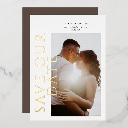 Invitation En Aluminium Gold Foil Mariage moderne Enregistrer la date (Recto/Verso)