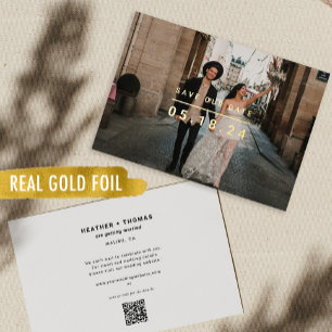 Invitation En Aluminium Gold Foil Minimaliste Économisez Notre Date QR Mar