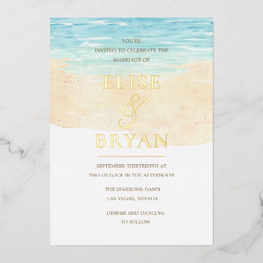 Invitation En Aluminium Gold Foil Moderne Watercolor Beach Mariage (Recto)