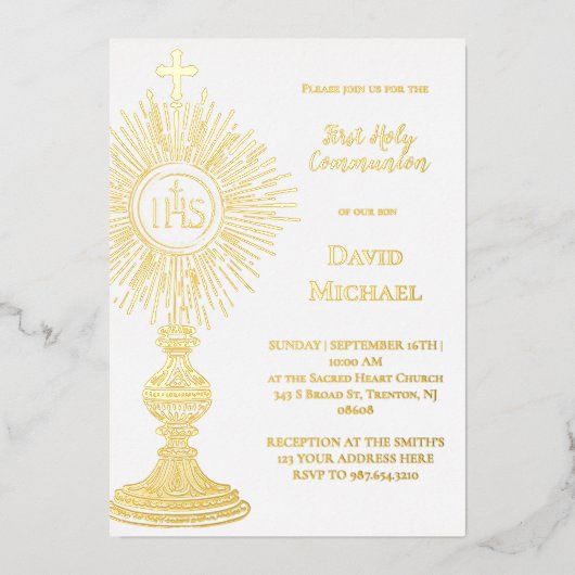 Invitation En Aluminium Gold foil monstrance | First Holy Communion (Recto)