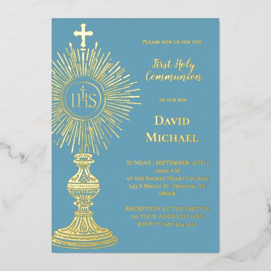 Invitation En Aluminium Gold foil monstrance First Holy Communion (Recto)