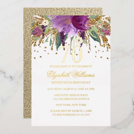Invitation En Aluminium GOLD FOIL Parties scintillant florale Améthyste 70 (Recto/Verso)