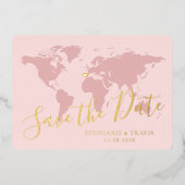 Invitation En Aluminium Gold Foil Pink World Map Destination Enregistrer l (Recto)