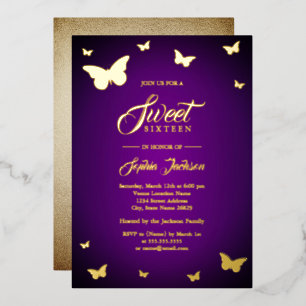Invitation En Aluminium GOLD FOIL Purple Butterfly Sweet 16 Or