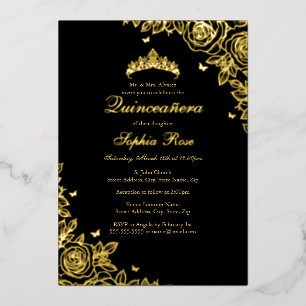 Invitation En Aluminium Gold Foil Rose Black Quinceanera Anniversaire