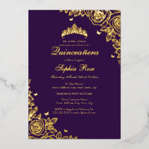 Invitation En Aluminium Gold Foil Rose Purple Quinceanera Anniversaire