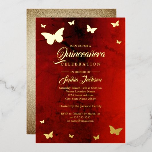 Invitation En Aluminium GOLD FOIL Rouge Papillon Quinceanera (Recto/Verso)