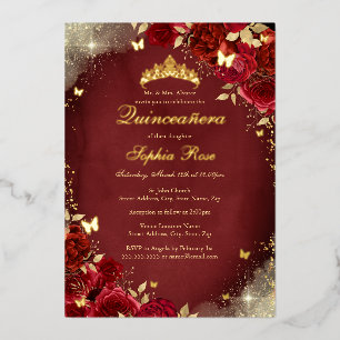 Invitation En Aluminium Gold Foil Royal Red Butterfly Floral Quinceanera
