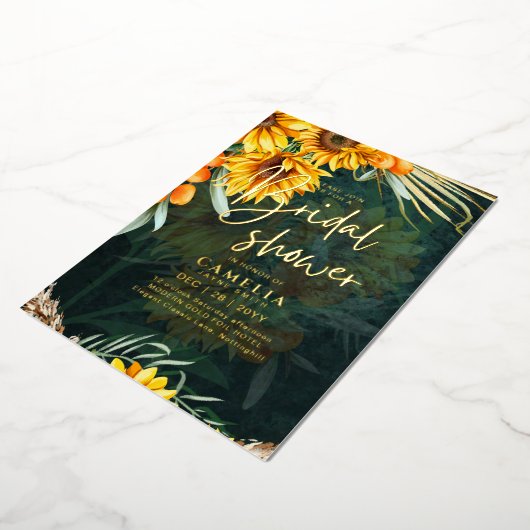 Invitation En Aluminium GOLD FOIL Rustic Sunflower FÊTE DES MARIÉES QR Cod (Rotation)
