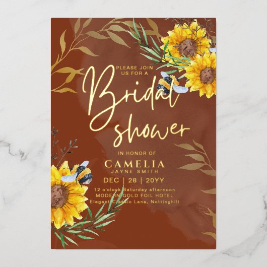 Invitation En Aluminium GOLD FOIL Rustic Sunflower FÊTE DES MARIÉES QR Cod (Recto)