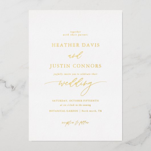Invitation En Aluminium Gold Foil Rustique Calligraphie Mariage photo (Recto)