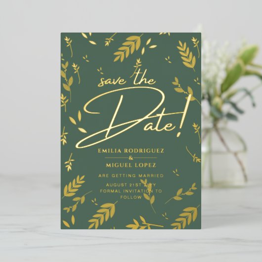 Invitation En Aluminium Gold Foil Sage Vert Feuilles Mariages Dave Date Fo (Debout devant)