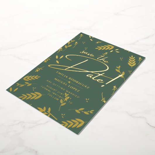 Invitation En Aluminium Gold Foil Sage Vert Feuilles Mariages Dave Date Fo (Rotation)