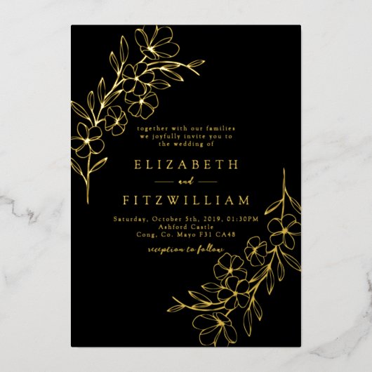 Invitation En Aluminium Gold Foil Simple Cherry Blossoms Black Mariage (Recto)