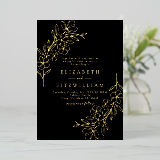 Invitation En Aluminium Gold Foil Simple Cherry Blossoms Black Mariage (Debout devant)