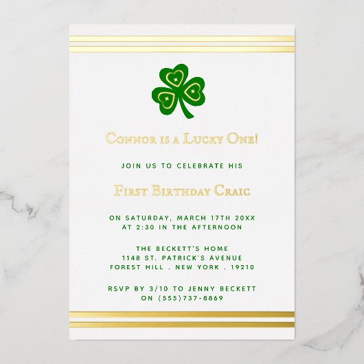 Invitation En Aluminium Gold Foil St. Patrick's Day 1er anniversaire (Recto)
