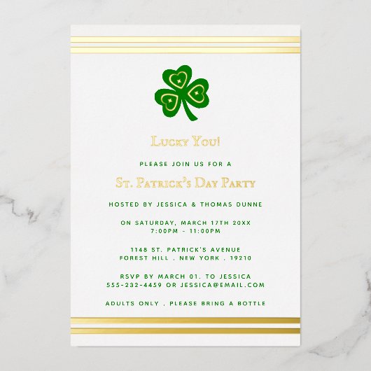 Invitation En Aluminium Gold Foil St. Patrick's Day Party Real (Recto)