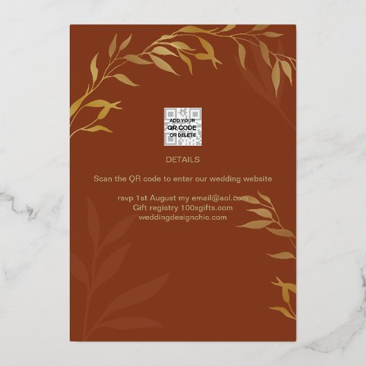 Invitation En Aluminium Gold Foil Terracotta Feuilles FÊTE DES MARIÉES QR (Verso)