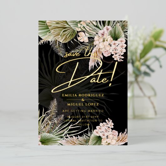 Invitation En Aluminium Gold Foil Tropical Pampas Grass Mariage Date de sa (Debout devant)