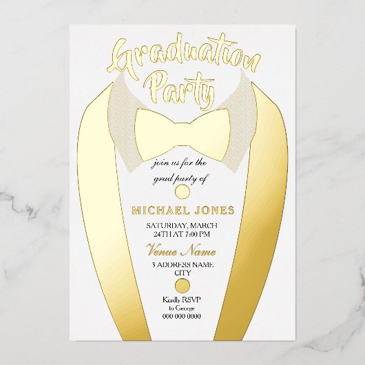 Invitation En Aluminium Gold Foil Tuxedo Suit Graduation Grad Party (Recto)