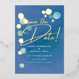 Invitation En Aluminium Gold Foil Verre de mer Turquoise Bleu Mariage Dave